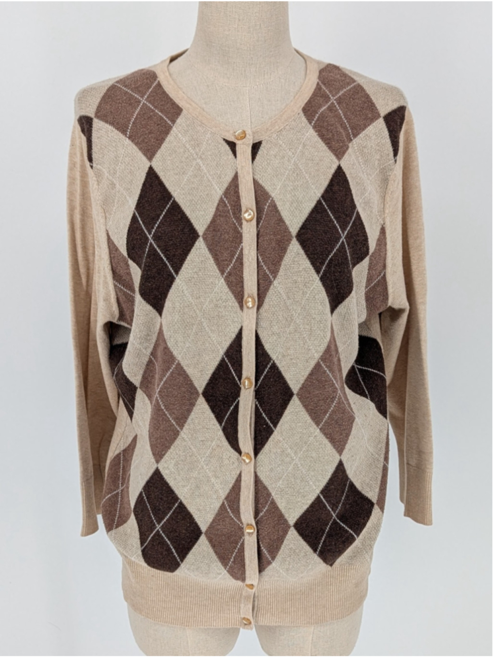Croft & Barrow Pima Cotton Argyle Cardigan Women M Brown Beige Preppy 3/4 Sleeve